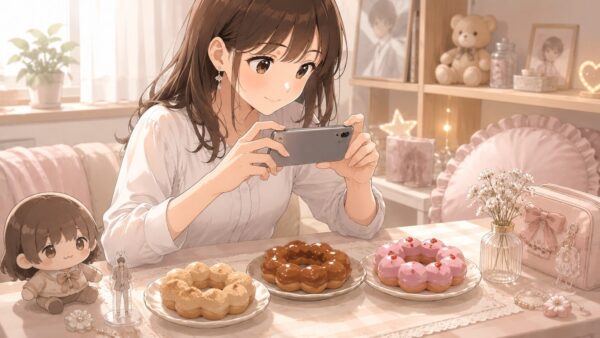 推しぬいとアクスタを並べ、自宅でもっちゅりん風ドーナツを撮影する推し活中の日本人女性