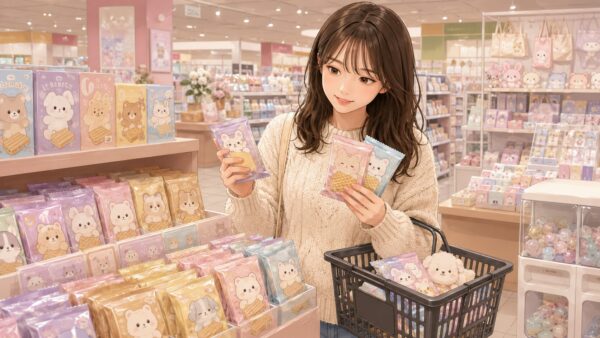 スーパーやキャラクター雑貨売り場のような店内で、20代の日本人女性が複数のウエハース風お菓子を比較しながら、食玩棚やグッズ売り場を見ている画像。