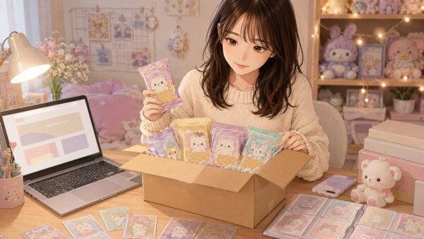自宅の机で、20代の日本人女性が通販で届いた箱入りのウエハース風お菓子を開封し、カードバインダーやスマホ、ノートパソコンと一緒に整理している画像。