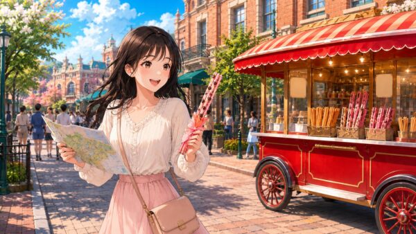 USJ風ニューヨークエリアで地図を見ながらチュリトス販売ワゴンを探す日本人女性