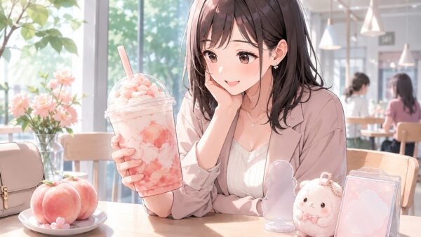 カフェでピーチ系フラペチーノを手に持ち、推し活グッズと一緒に楽しむ20代女性のアニメイラスト