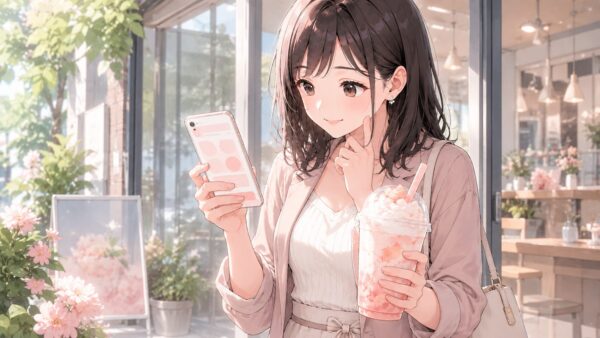 カフェの入口付近でスマホを確認しながらピーチ系フラペチーノの販売状況を調べる女性のアニメイラスト