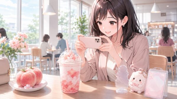 明るいカフェでピーチ系フラペチーノと推し活グッズをスマホで撮影する女性のアニメイラスト