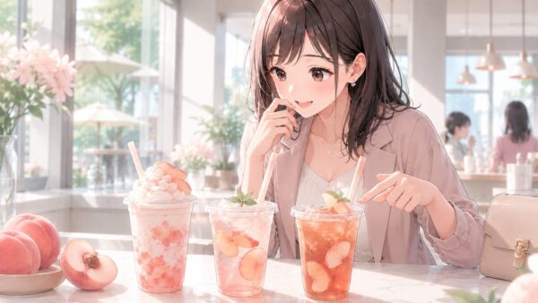ピーチ系フラペチーノやソーダ、ティーを並べて代替メニューを選ぶ女性のアニメイラスト