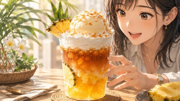 パイナップルジュレとココナッツクリームが重なったフローズンティーフロート