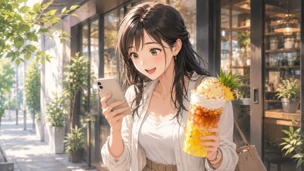 カフェ前でスマホを確認しながら限定フローズンティーフロートを持つ日本人女性