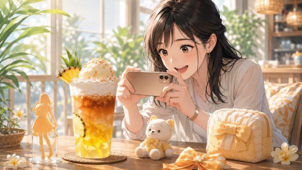 推し活グッズと一緒にパイン&ココナッツ風フローズンティーを撮影する女性