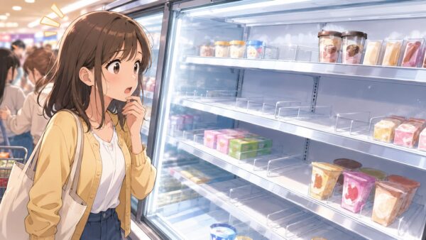 業務スーパーの冷凍スイーツ売り場で商品が売り切れて驚く日本人女性
ファイル名: