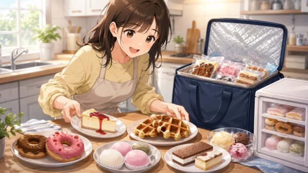 購入した業務スーパーの冷凍スイーツを自宅で並べて楽しむ日本人女性