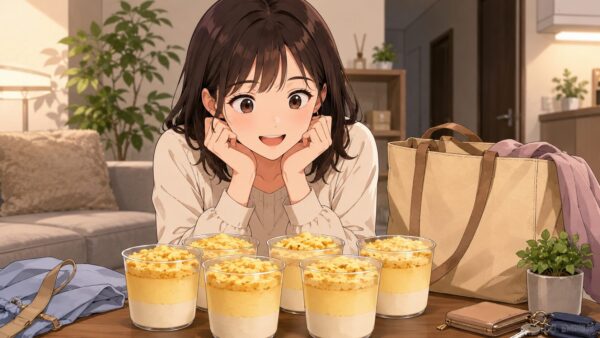 自宅でコストコのダブルチーズケーキ6個を前に笑顔で眺める日本人女性のアニメイラスト