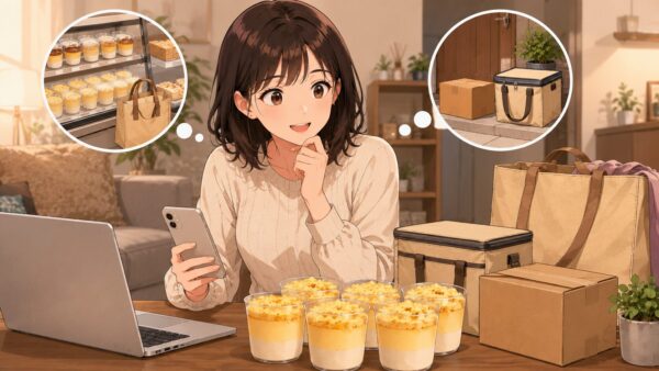 スマホとパソコンでダブルチーズケーキの通販や配送方法を比較する日本人女性のアニメイラスト