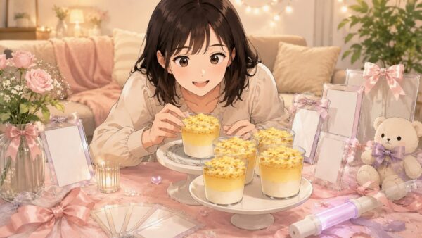 推し活グッズやリボンと一緒にダブルチーズケーキを並べて楽しむ日本人女性のアニメイラスト