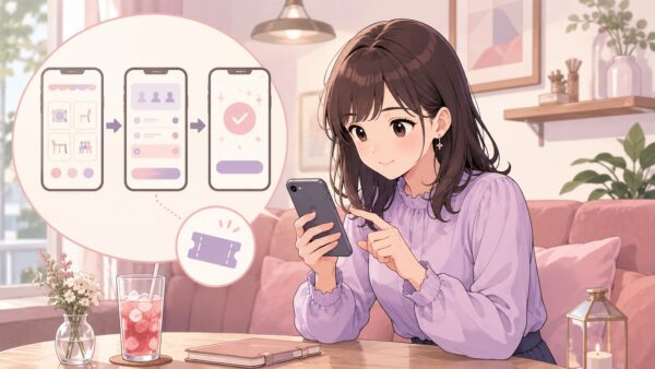 スマホでちいかわ映画コラボカフェのローチケ予約と電子チケットの流れを確認する女性のイメージ