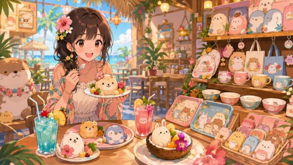 トロピカルなコラボカフェで限定メニューやかわいいグッズを楽しむ女性のイメージ