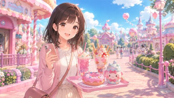 スマホを確認しながら、ドーナツやパルフェなどの限定スイーツをトレーに乗せて楽しむ日本人女性