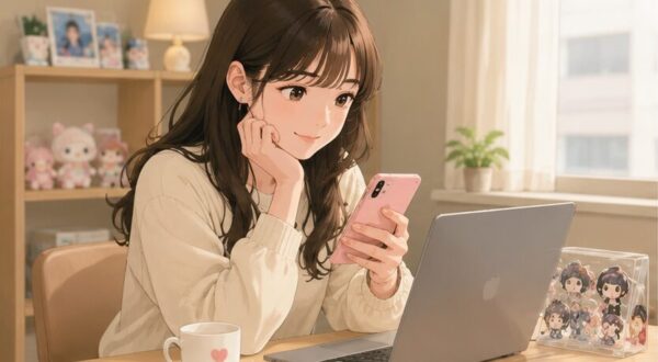 推し活好きの女性がスマホでハッピーセット情報を確認している様子