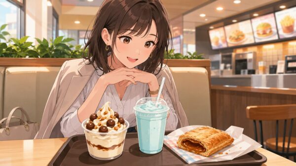 マクドナルド森永コラボスイーツを楽しむ女性と限定スイーツ