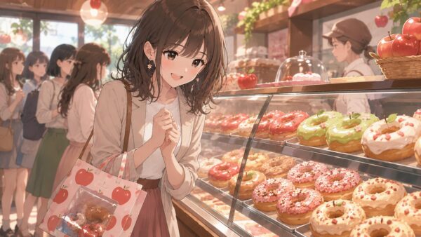 朝にスマホでミスドMrs Donutの予約を確認する女性