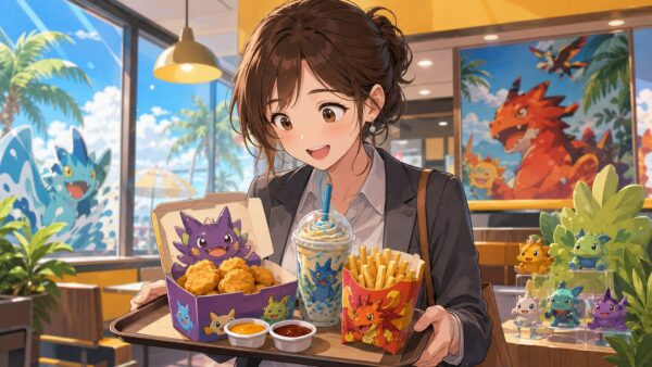 スマホでポケモン夏マックの在庫を確認する日本人女性