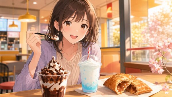 マクドナルド森永コラボスイーツを楽しむ日本人女性