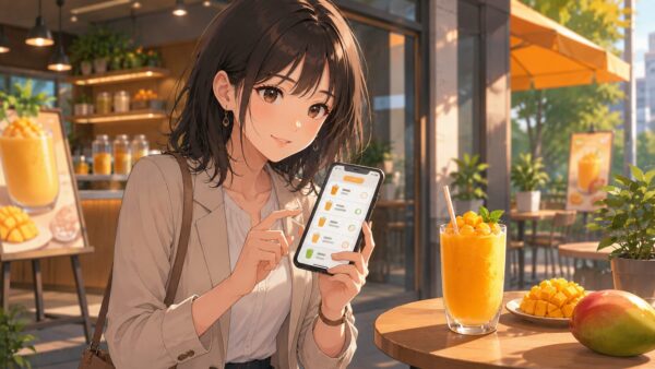 スマートフォンでオレンジマンゴードリンクの在庫を確認する女性