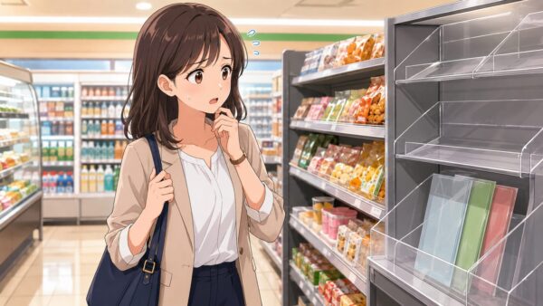 お菓子棚の横で空の特典棚を見て驚く女性