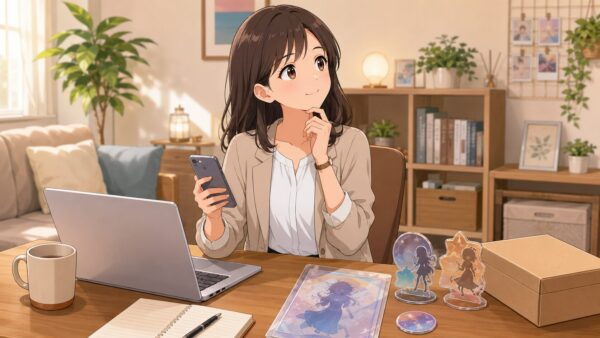 自宅で公式予約や代替グッズを確認する女性