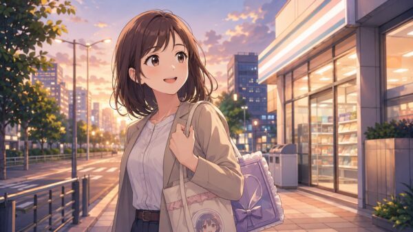 仕事帰りに限定スイーツを探す日本人女性のアニメ画像
