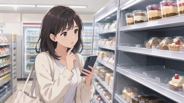 スマホで在庫を確認しながらスイーツ棚を見る女性