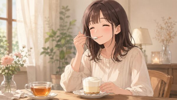 レアチーズケーキを紅茶と一緒に楽しむ女性