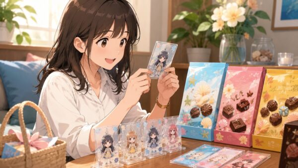 コラボお菓子と透明なキャラクターカードを自宅で確認する日本人女性