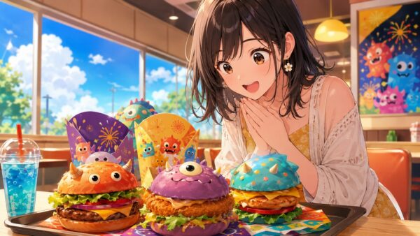 ポケモン30周年バーガーをイメージした限定バーガー3種類を楽しむ女性