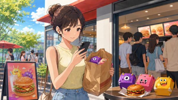 ポケモン30周年バーガーの限定パッケージ終了をスマートフォンで確認する女性