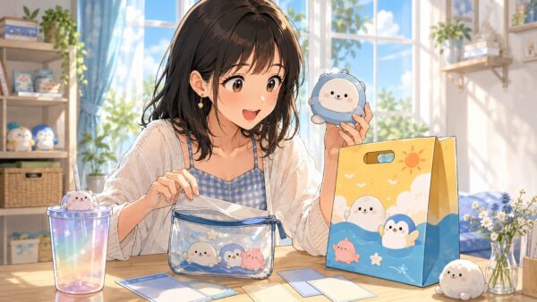 指定店舗でスマホの当選画面を提示してサマーチャンスバッグを受け取る女性