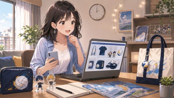 ハイキューアベイルコラボのバッグやポーチを店舗で選ぶ日本人女性