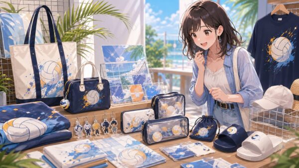 ハイキューアベイルコラボのオンライン販売前にパソコンで商品を確認する女性
