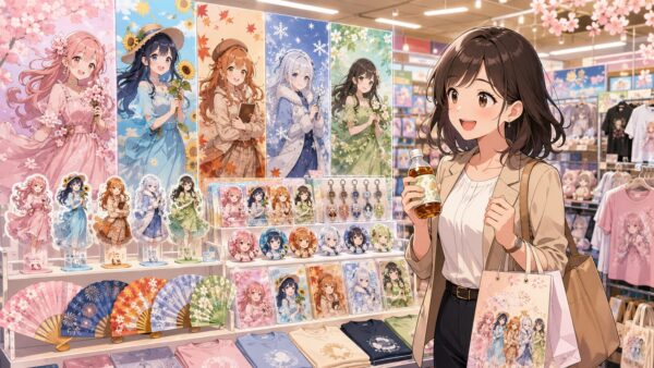 五等分の花嫁ドンキコラボのアクリルスタンドや缶バッジが並ぶグッズ売り場
