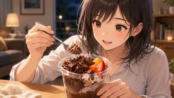 チョコや果物がのったゴディバ白くまアイスを味わう女性