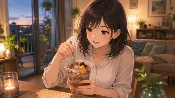 少し溶けたチョコ白くまアイスを自宅で楽しむ女性