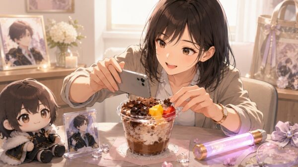 推し活グッズと一緒にゴディバ白くまアイスを撮影する女性
