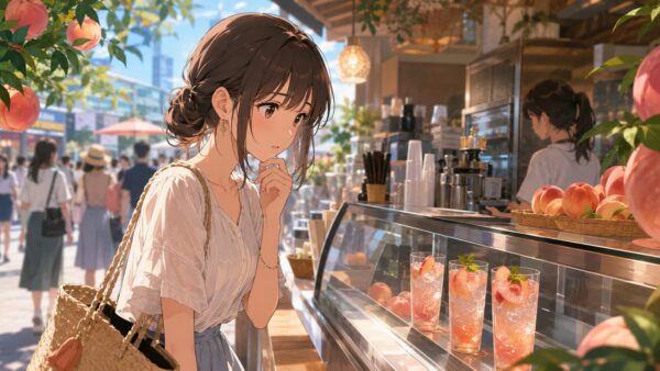 カフェの店頭でピーチソーダの在庫を確認する女性