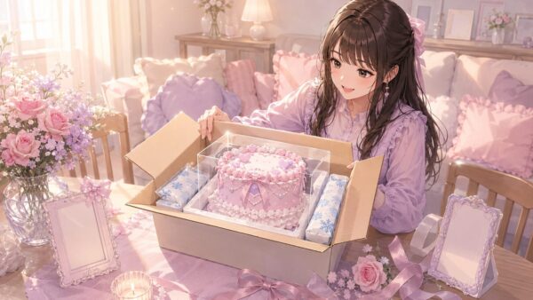 通販で届いた推し活向けのかわいいケーキを開封して確認する女性