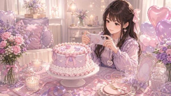 解凍後のかわいい生誕祭ケーキをスマホで撮影する推し活女子