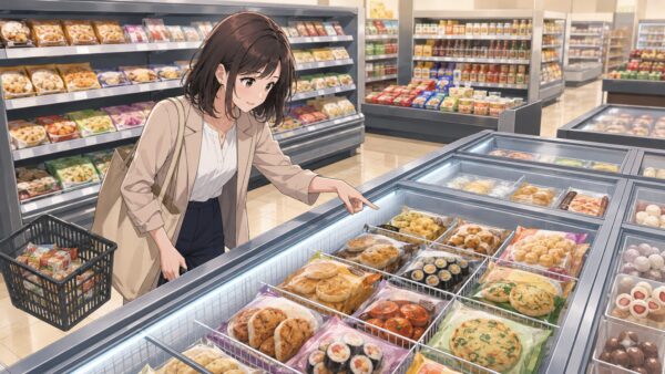冷凍惣菜コーナーで韓国系冷凍食品を探す女性