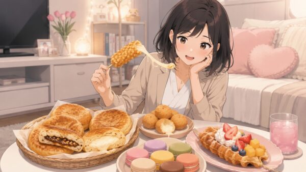 ホットクやチーズボールなど韓国風スイーツを楽しむ女性