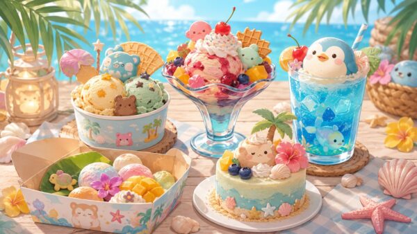 海辺に並ぶ夏らしい限定アイスや青いソーダドリンク