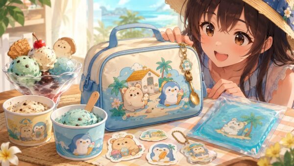 限定アイスとランチバッグ風グッズを眺める日本人女性