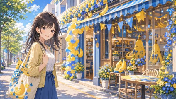 青黄の装飾が華やかなコラボカフェ前に立つ女性
