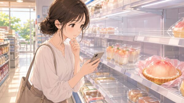 桃タルトの在庫をスマホで確認しながら売り場を見る女性