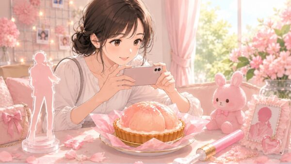 桃タルトをアクスタや推し活グッズと一緒に撮影する女性